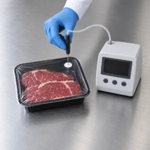 Gas sampling through a septum on a sealed fresh-meat tray, connected by tubing to an analyzer with a blank screen