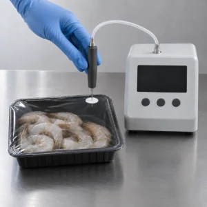 Gas sampling through a septum on a sealed shrimp tray, connected by tubing to an analyzer with a blank screen