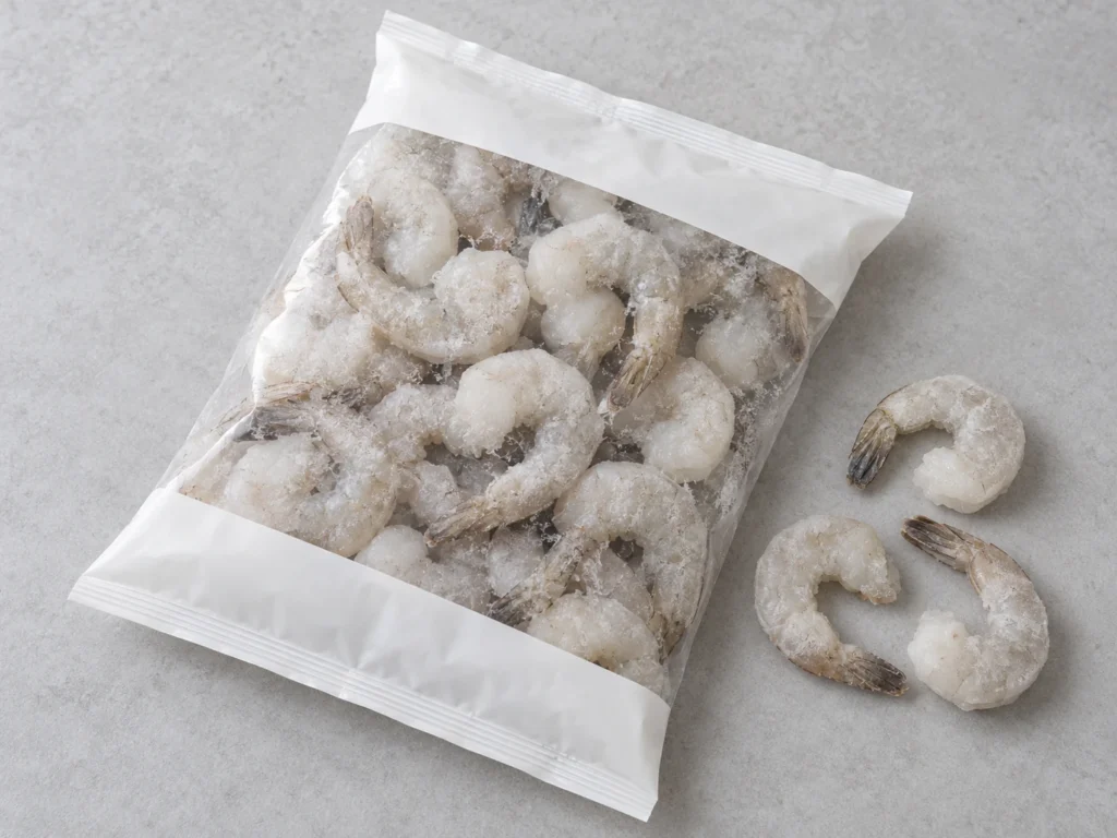 Frozen shrimp in a clear pillow bag with sealed top and bottom edges and loose shrimp beside it