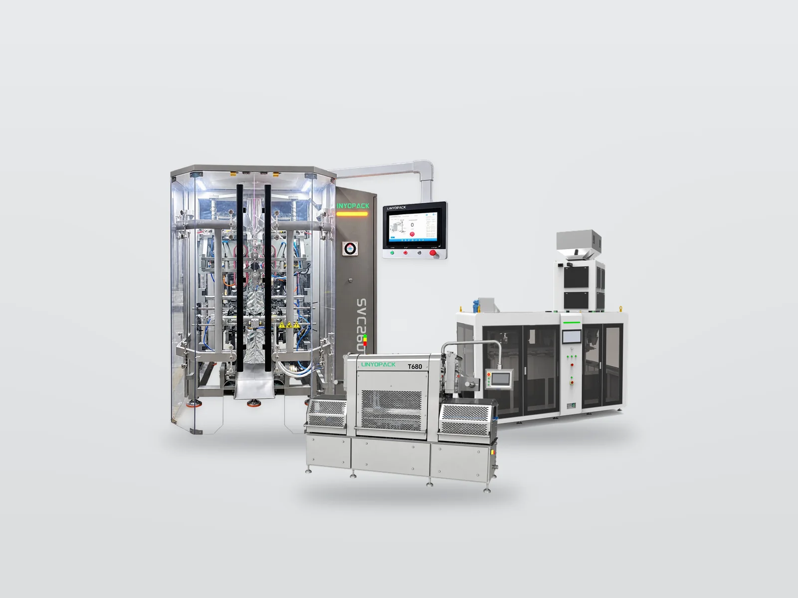 SVC260 VFFS machine, Hybrid Pro T680 tray sealer and SPFC-1200R wide-spout pouch filler