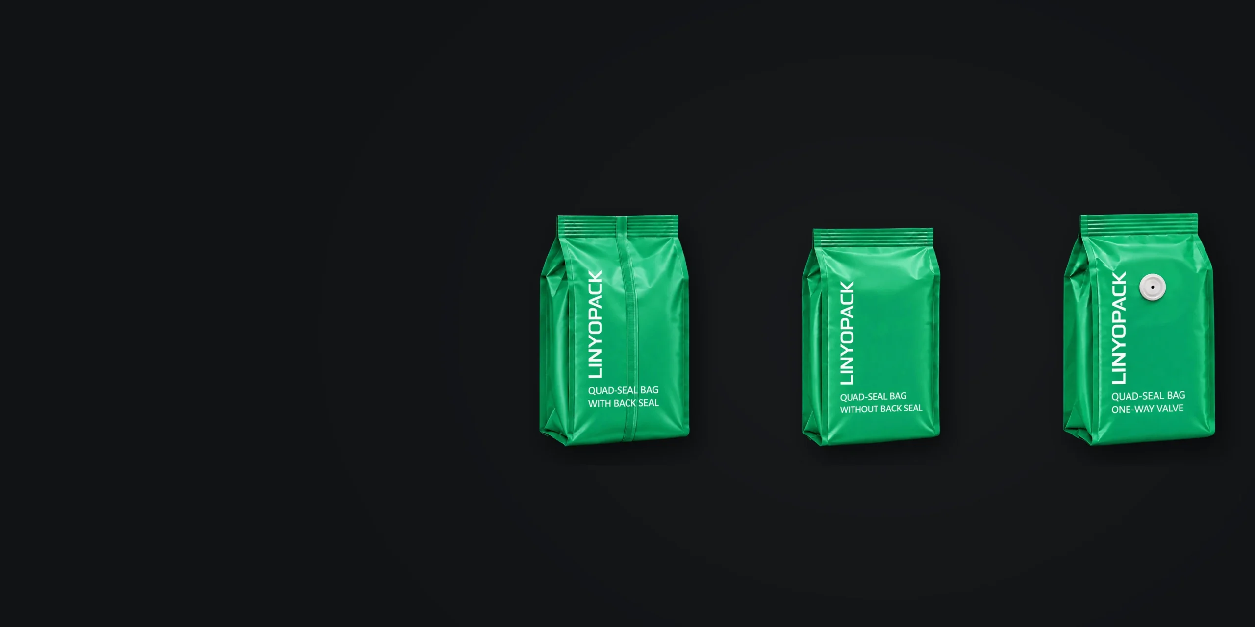 Quad-seal bags with back seal, without back seal and with a one-way degassing valve