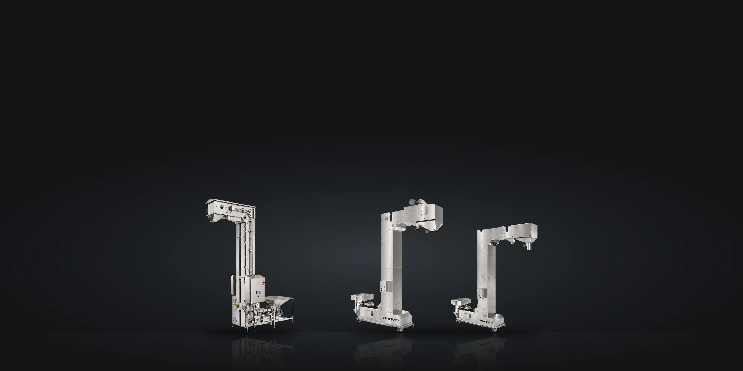 LINYOPACK pendulum bucket conveyors (Z-type bucket elevators): one Hygienic PBC and two Standard PBCs