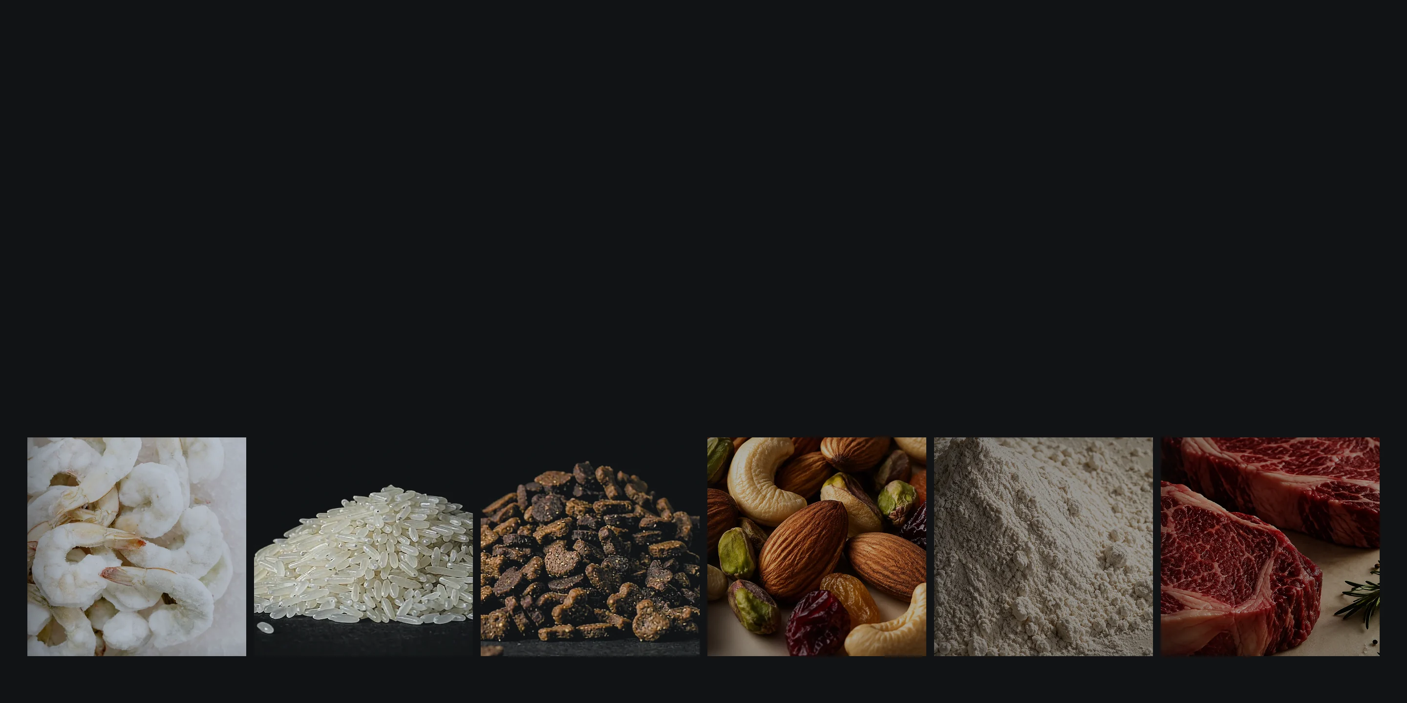 Frozen shrimp, rice, dry pet food, nuts, powder and fresh meat