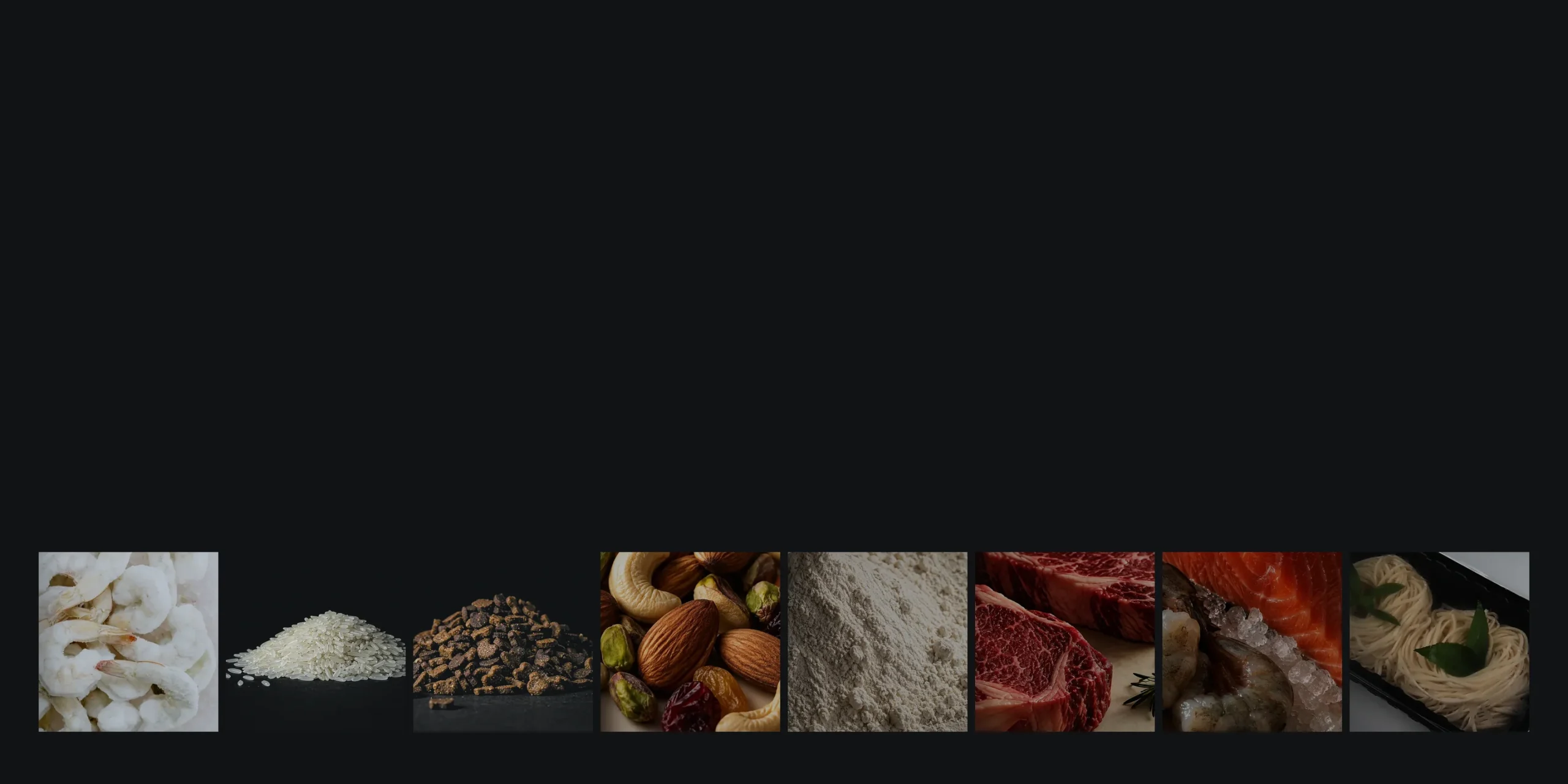 Frozen shrimp, rice, dry pet food, nuts, powder, fresh meat, seafood and a ready meal