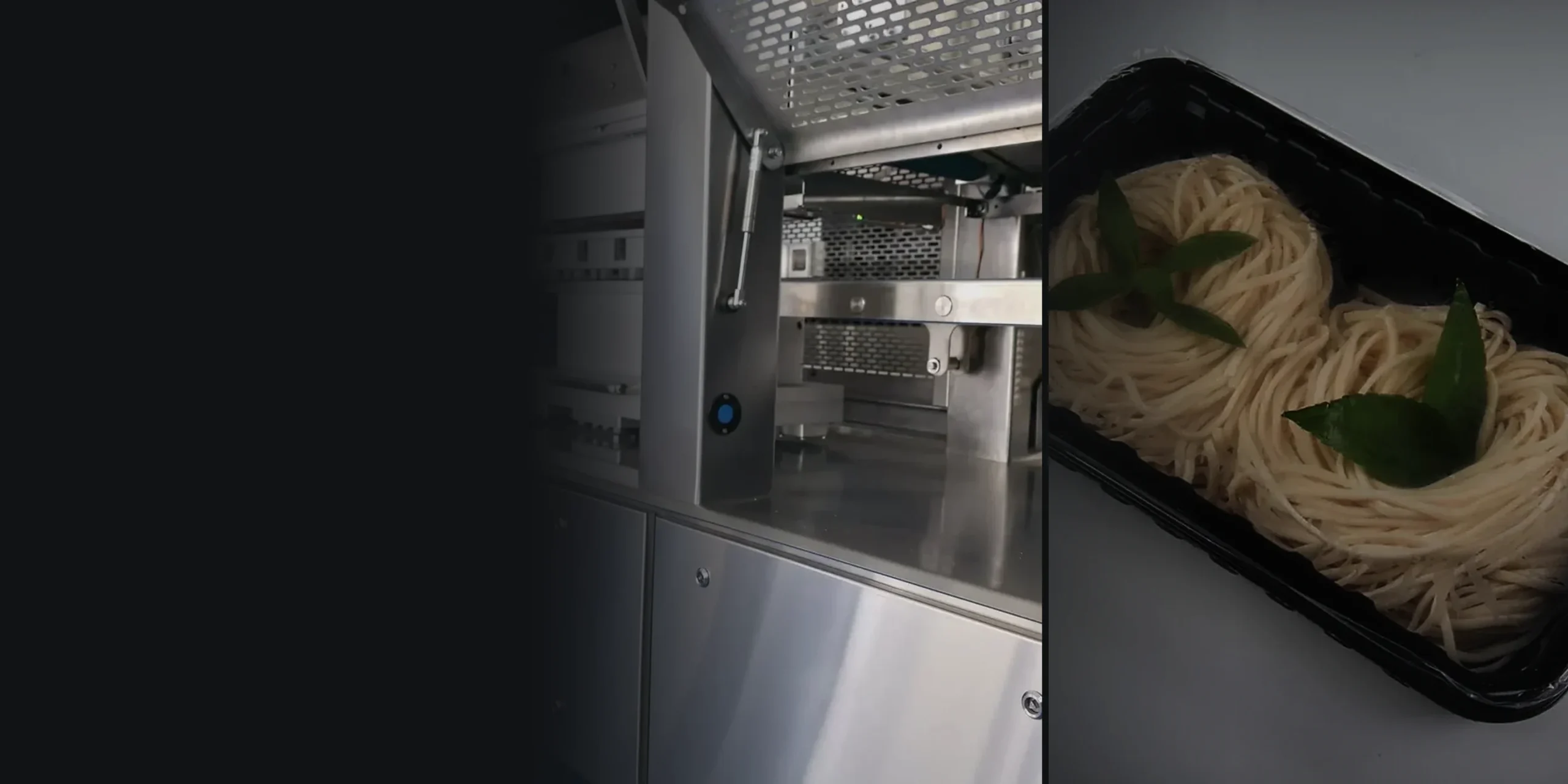 Tray feeding inside the T680 and a sealed tray of noodles