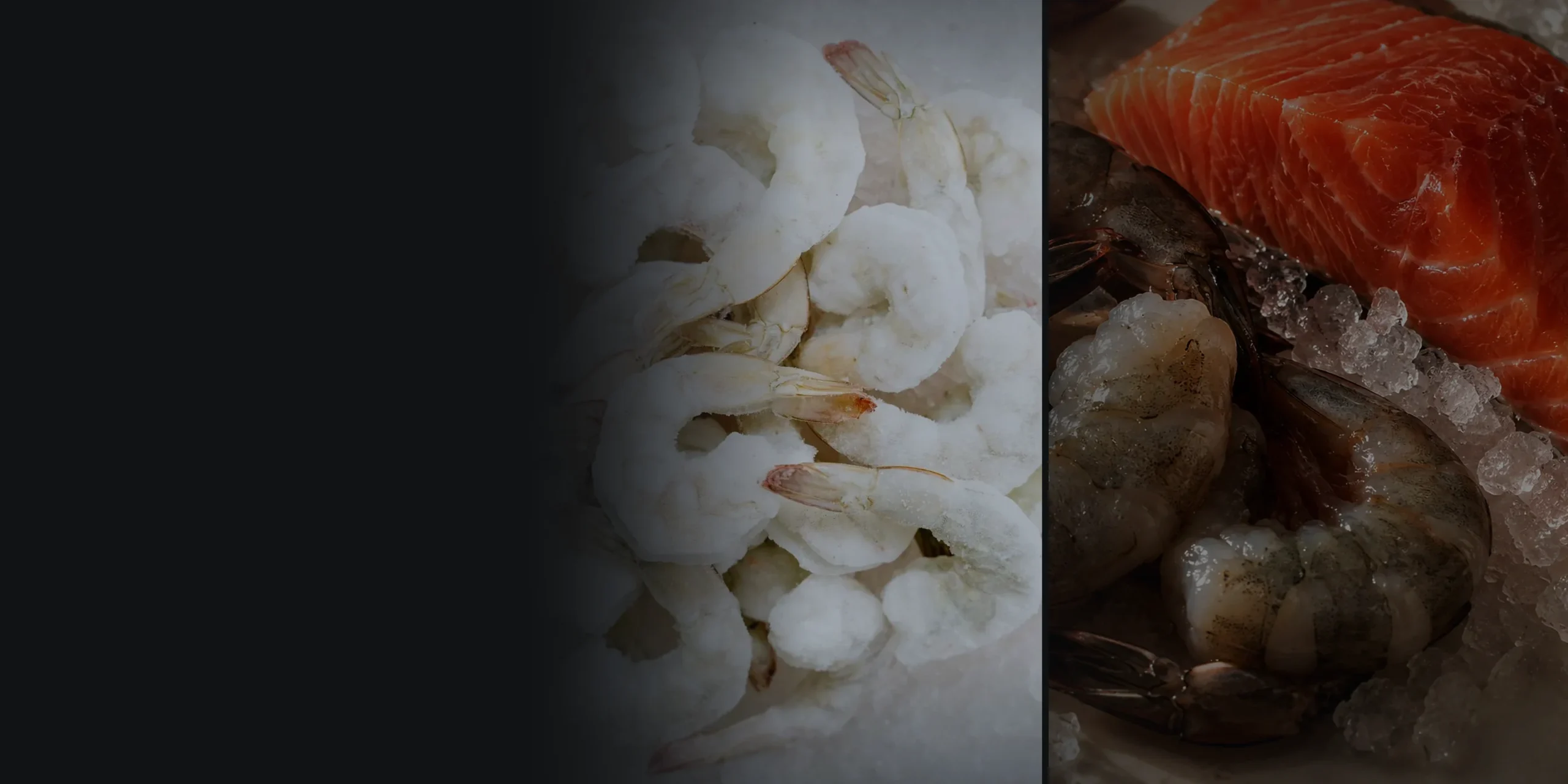Frozen shrimp, and fresh salmon and prawns on ice