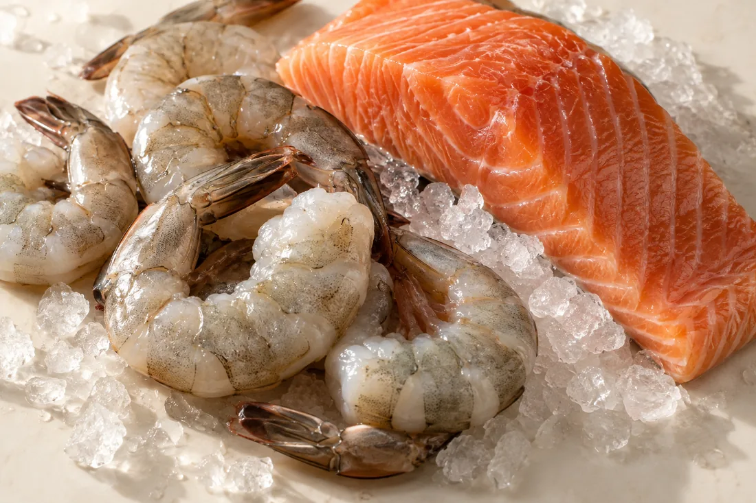 Fresh shrimp and salmon on ice