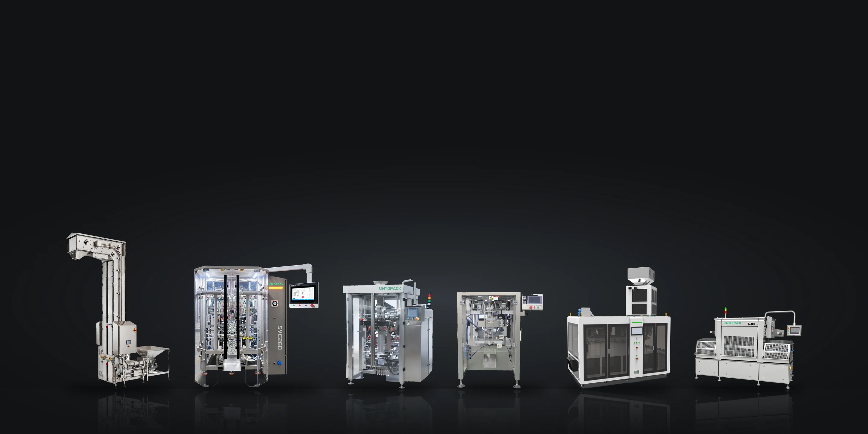 LINYOPACK machines in a row: Hygienic PBC, SVC260, VGT, VP Series, SPFC-1200R and Hybrid Pro T680