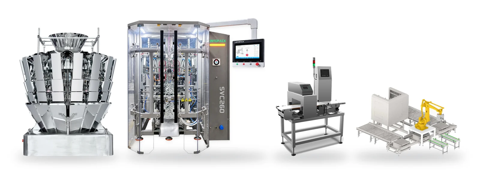 Multihead weigher, SVC260 VFFS, checkweigher and robotic palletizer