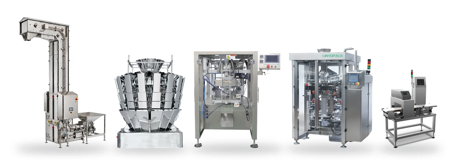 Example weighing and bagging line: incline conveyor, multihead weigher on a working platform and a VFFS bagger