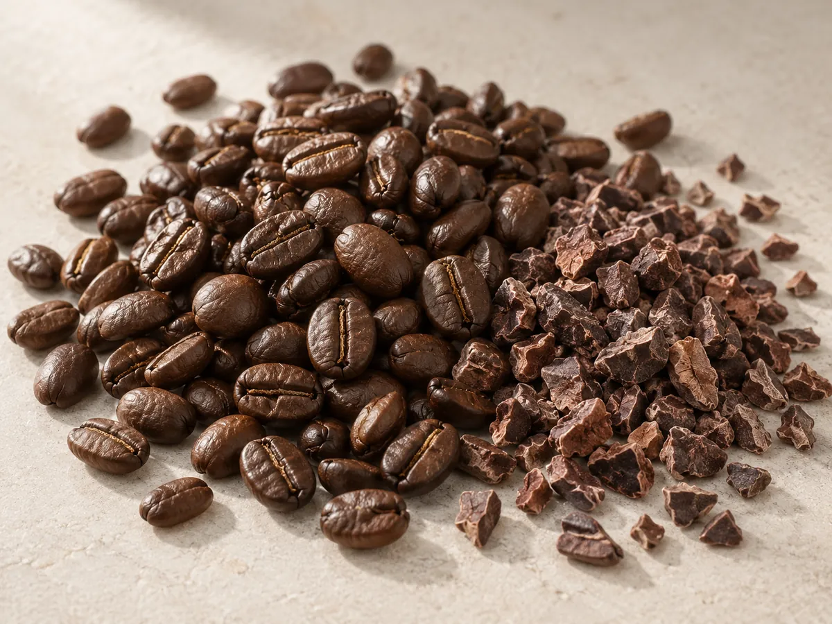 Loose roasted coffee beans and cocoa nibs