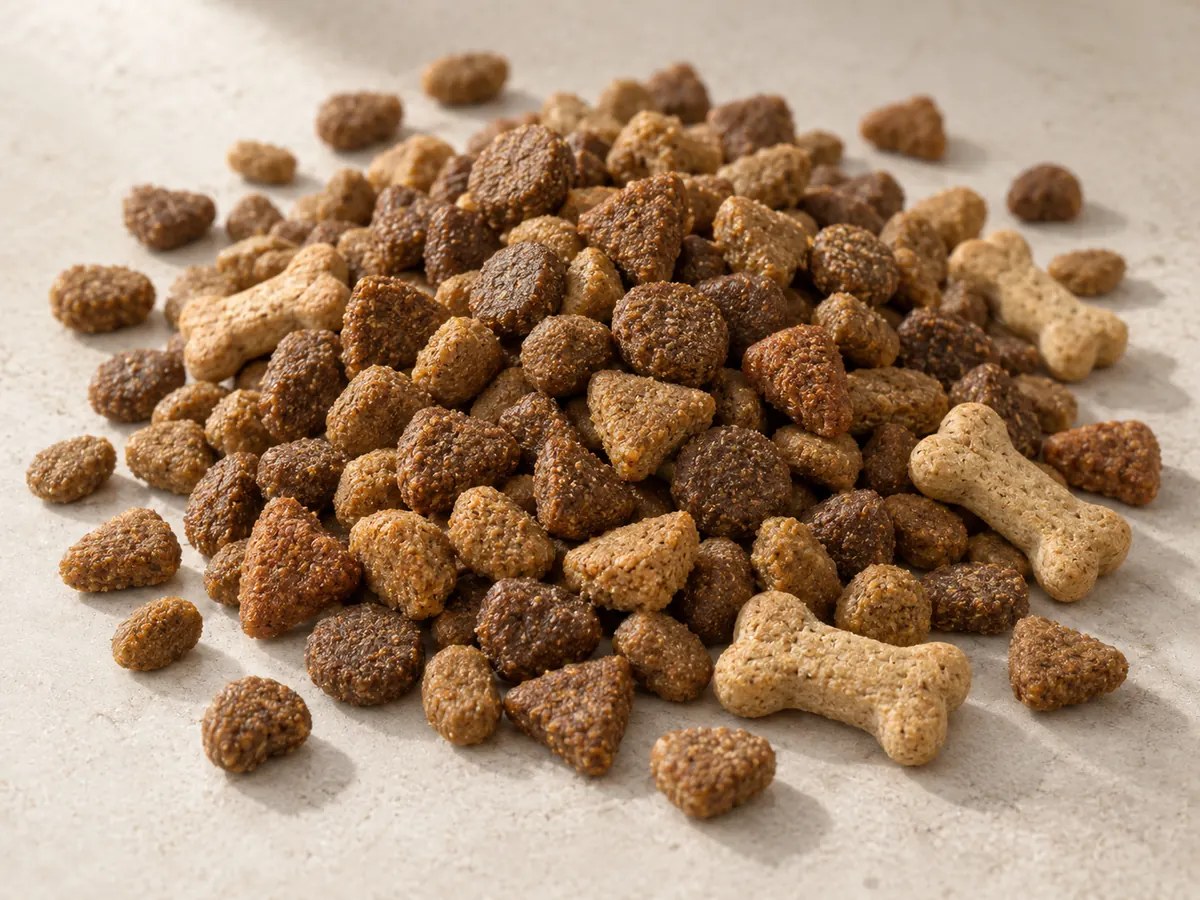 Loose dry pet food kibble and dog biscuits