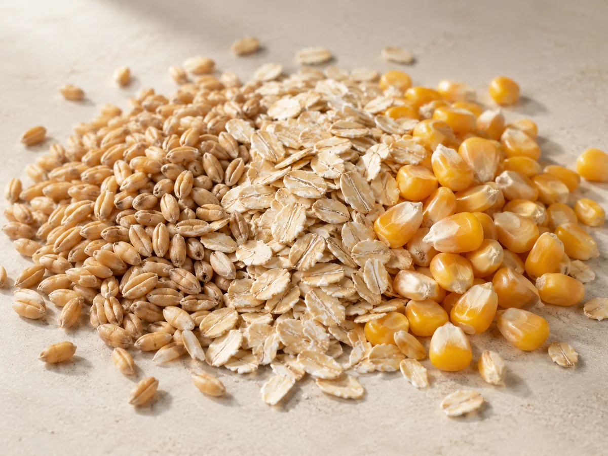 Wheat grains, oat flakes and corn kernels