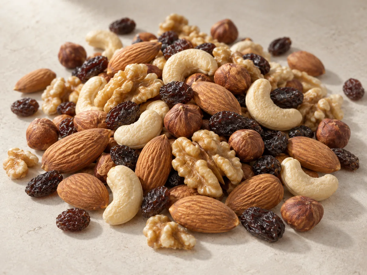 Loose mixed nuts and raisins