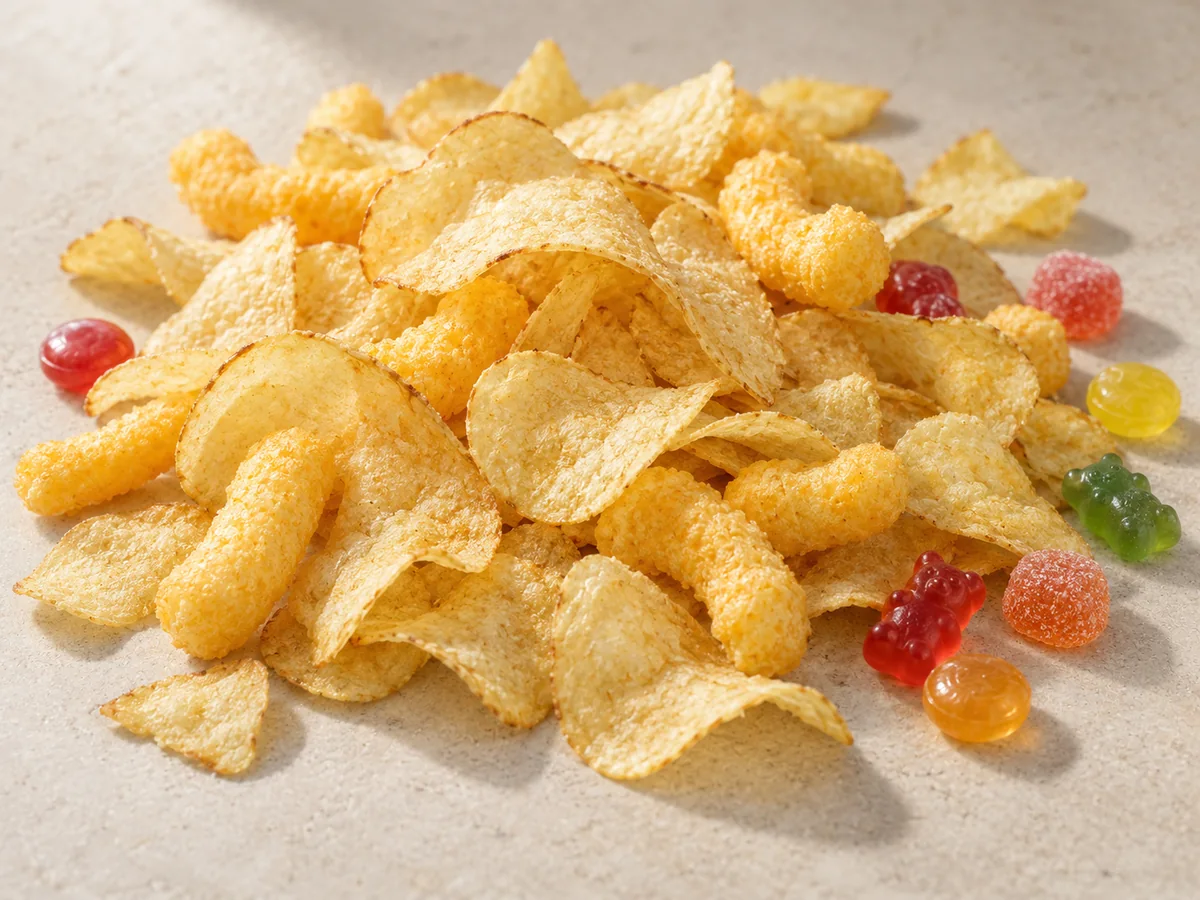 Loose potato chips, corn puffs and candy