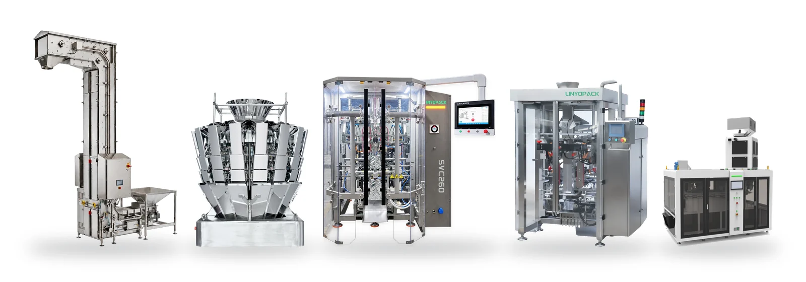 Example weighing and bagging line: incline conveyor, multihead weigher on a working platform and a VFFS bagger