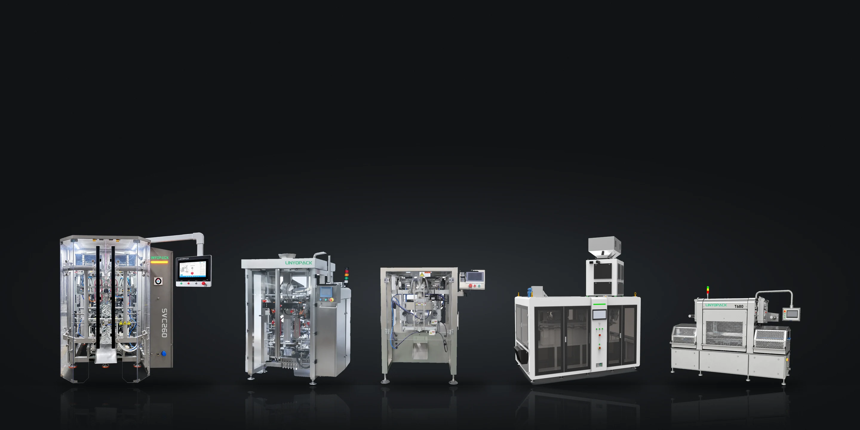 LINYOPACK packaging machines in a row: SVC260, VGT Series, VP Series, SPFC-1200R and Hybrid Pro T680