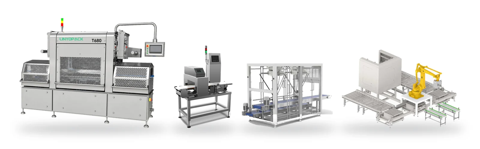 Example weighing and bagging line: incline conveyor, multihead weigher on a working platform and a VFFS bagger
