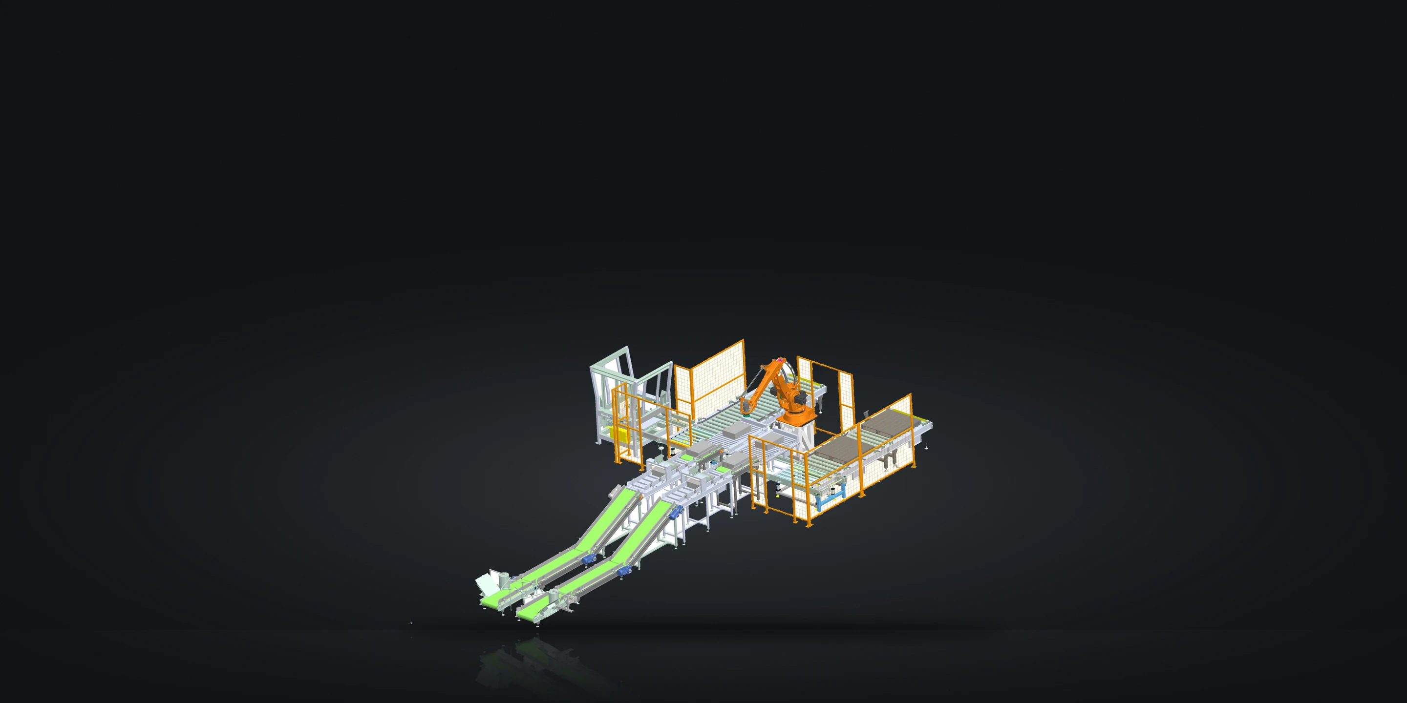 Example end-of-line layout: inclined bag conveyors feeding a robotic palletizing cell