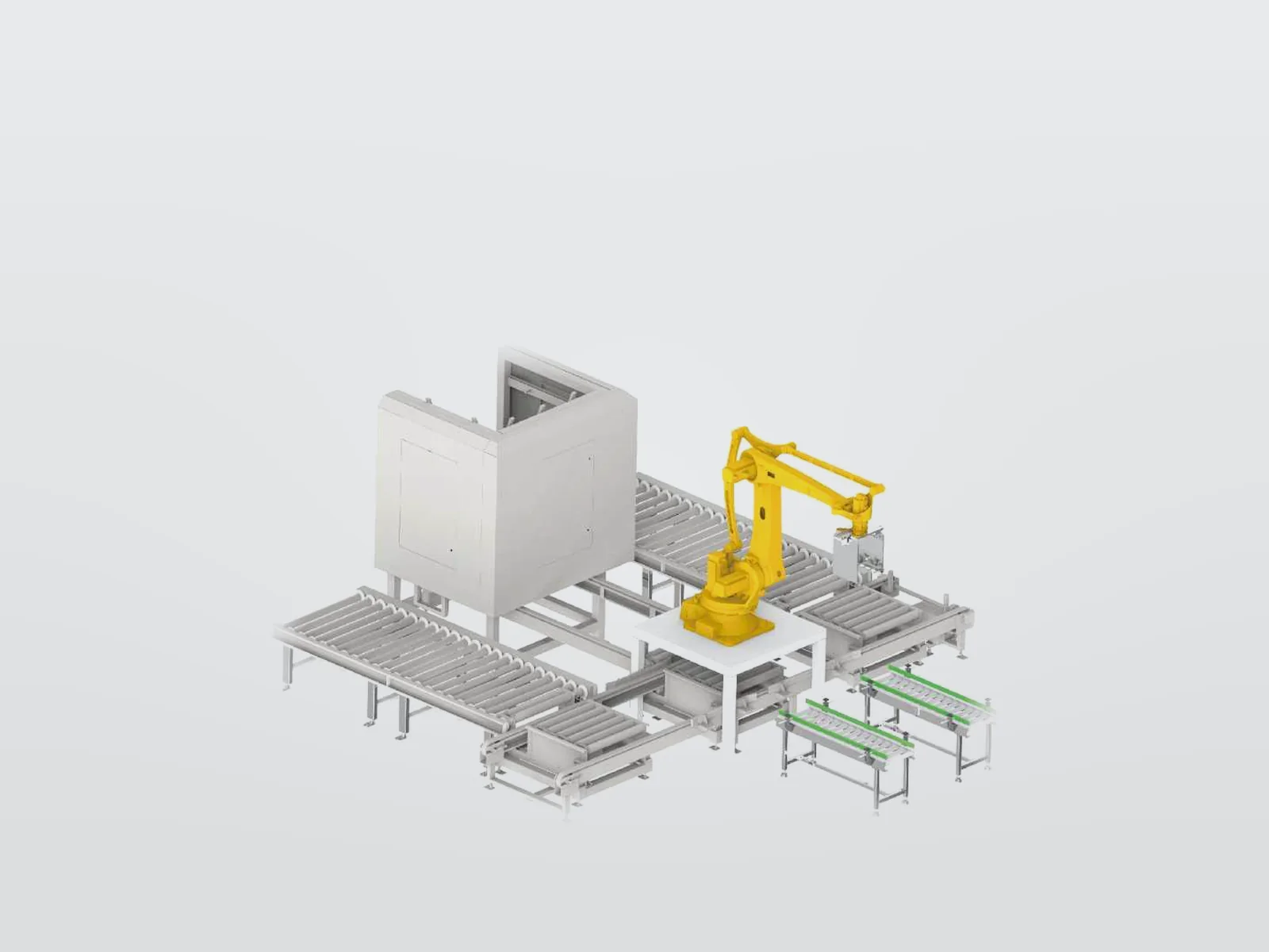 Robotic palletizing cell with roller conveyors