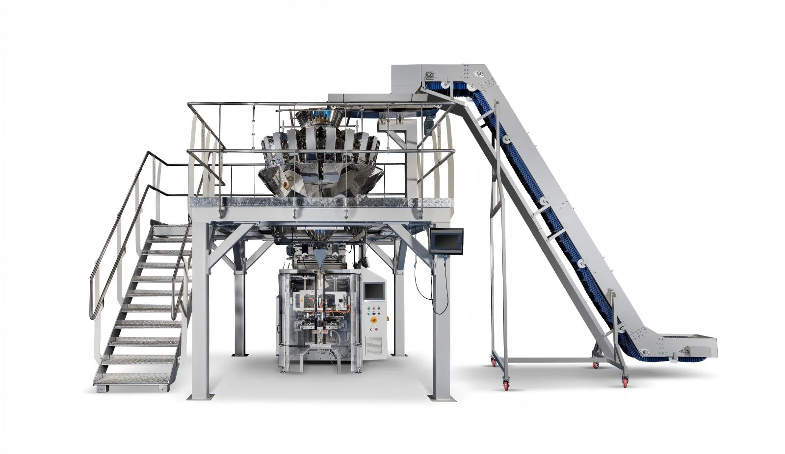 Example weighing and bagging line: incline conveyor, multihead weigher on a working platform and a VFFS bagger