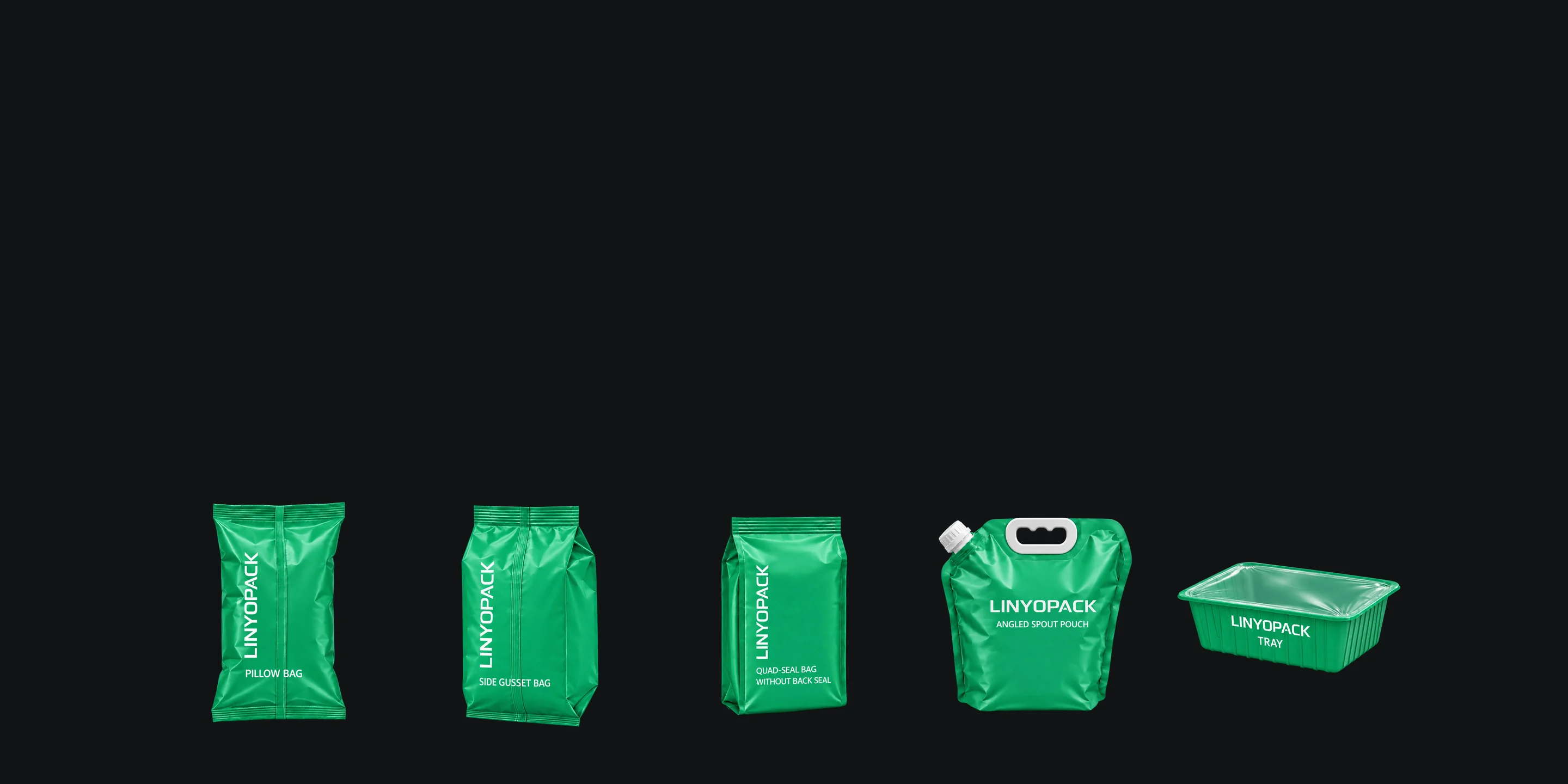 Pillow bag, side gusset bag, quad-seal bag, wide-spout pouch and tray