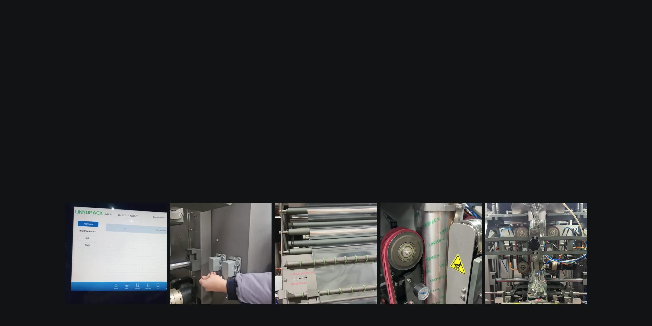 The alarm screen, checking a sensor, film rollers, film drive and forming set on a LINYOPACK machine