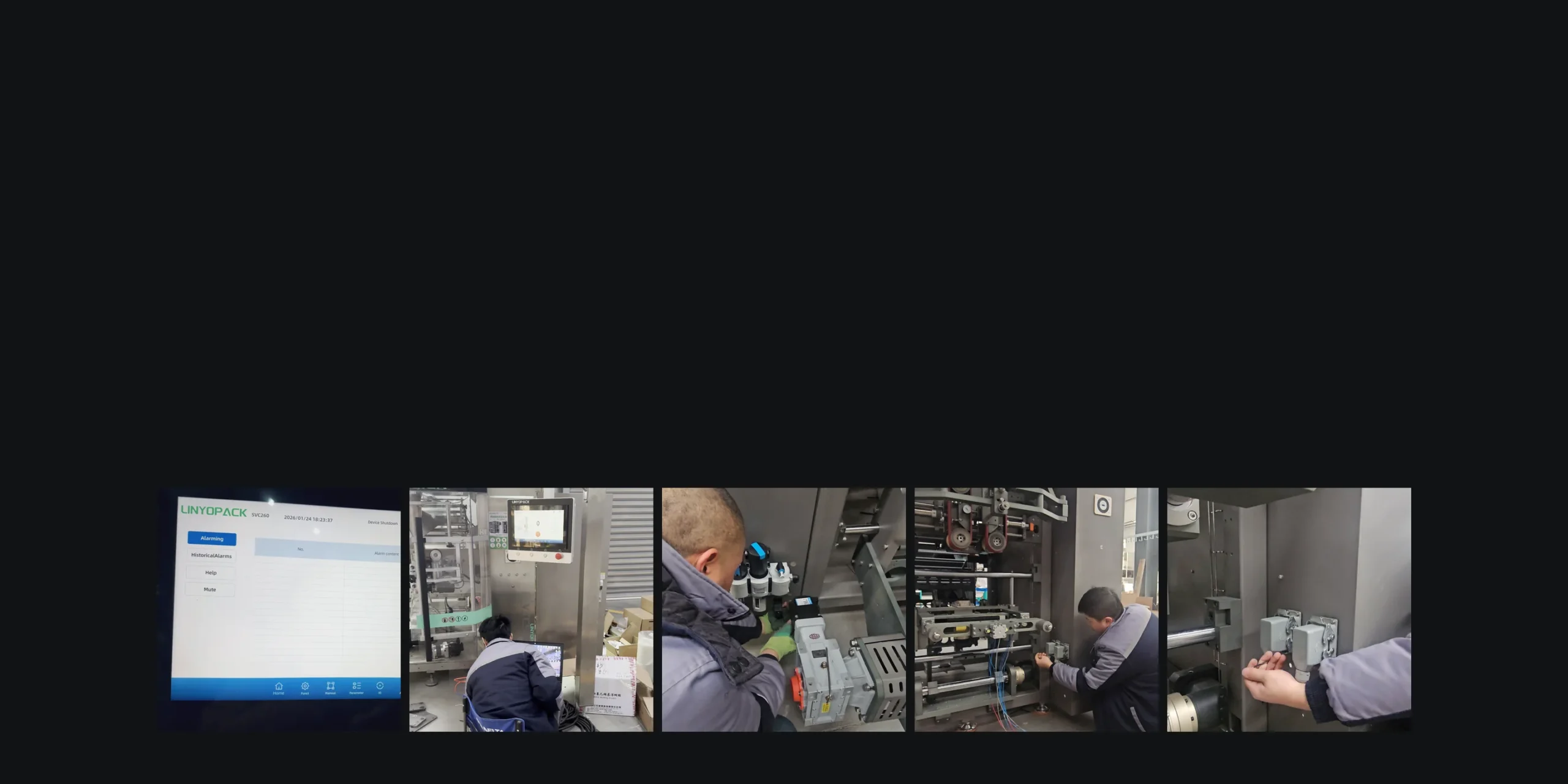 The alarm screen, functional checks, fitting components, wiring and checking a sensor in the LINYOPACK workshop