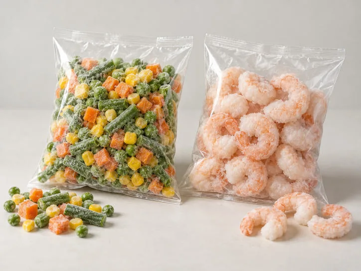 Frozen vegetables and shrimp in clear pillow bags