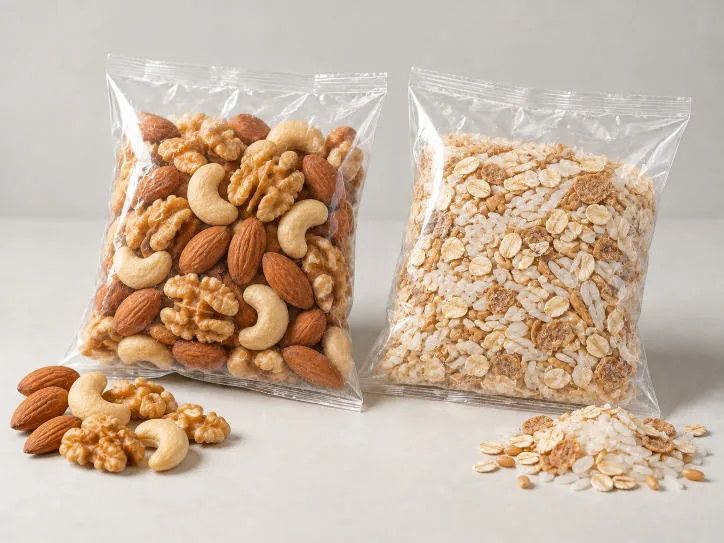 Mixed nuts and oat flakes in clear pillow bags