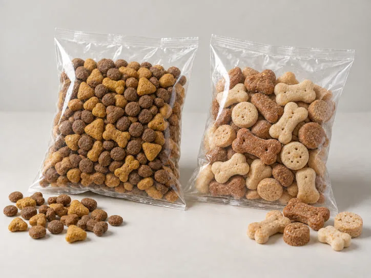 Dry kibble and dog treats in clear pillow bags
