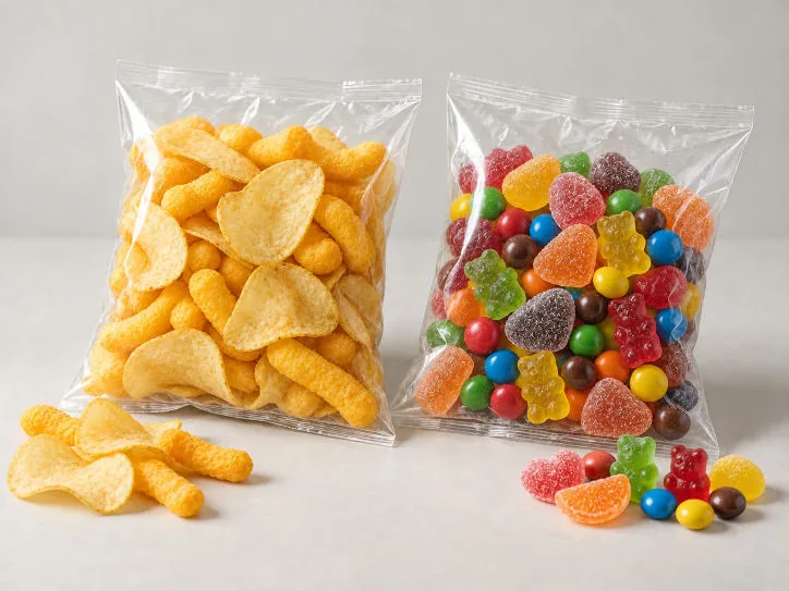 Potato chips and candy in clear pillow bags