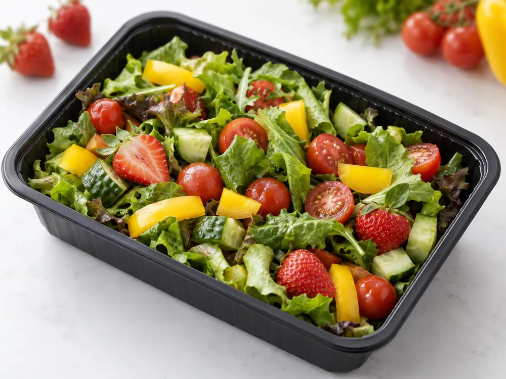 Fruit and vegetable salad in a black tray