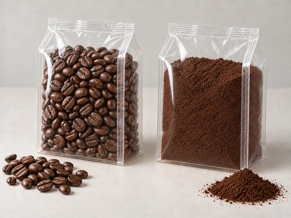 Coffee beans and ground coffee in clear quad-seal bags