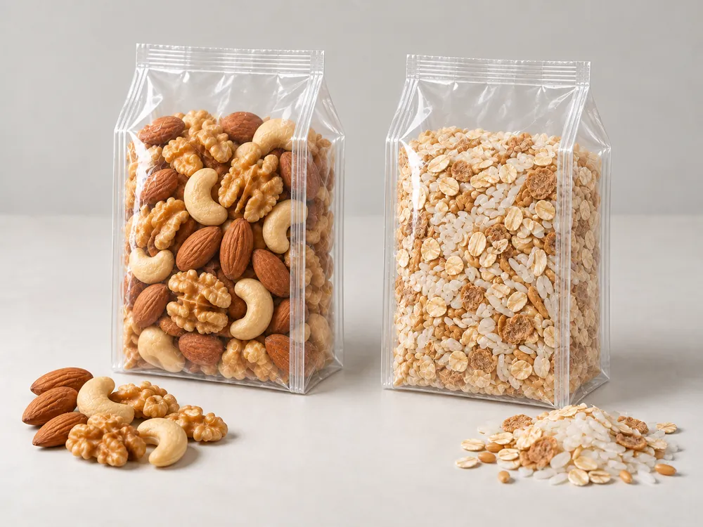 Mixed nuts and oat flakes in clear quad-seal bags