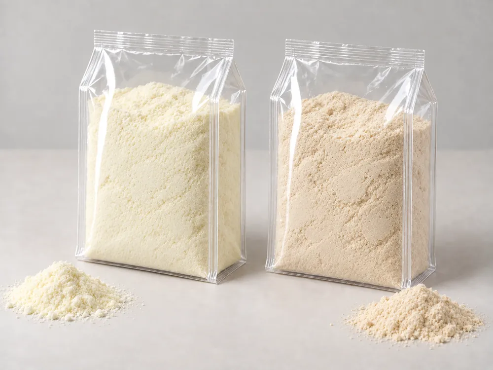 Milk powder and protein powder in clear quad-seal bags