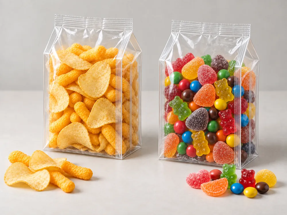 Chips and candy in clear quad-seal bags